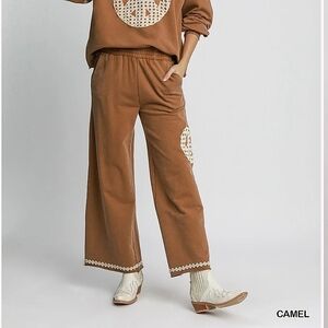 Umgee Peace Lace Applique Mineral Wash Wide Leg Pants-Size Large